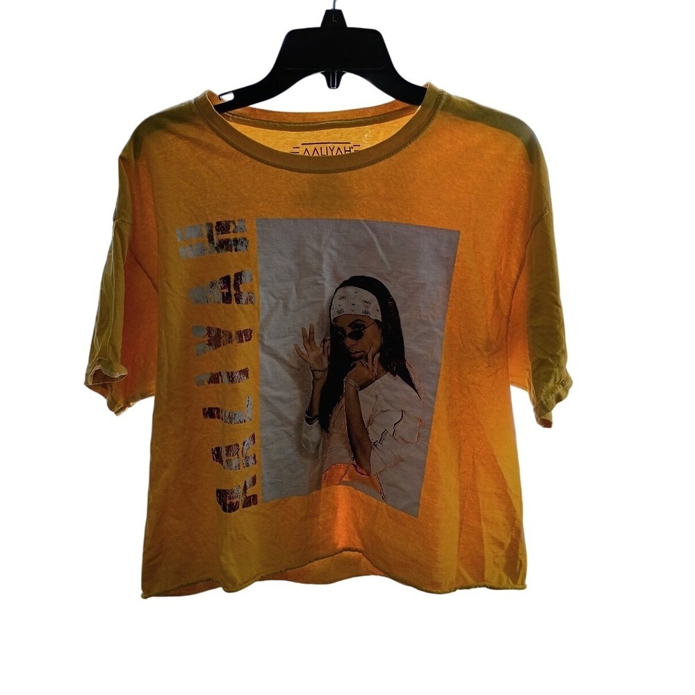 Aaliyah Graphic T-Shirt Mustard Yellow Cropped Raw Hem R&B Icon Mens Large